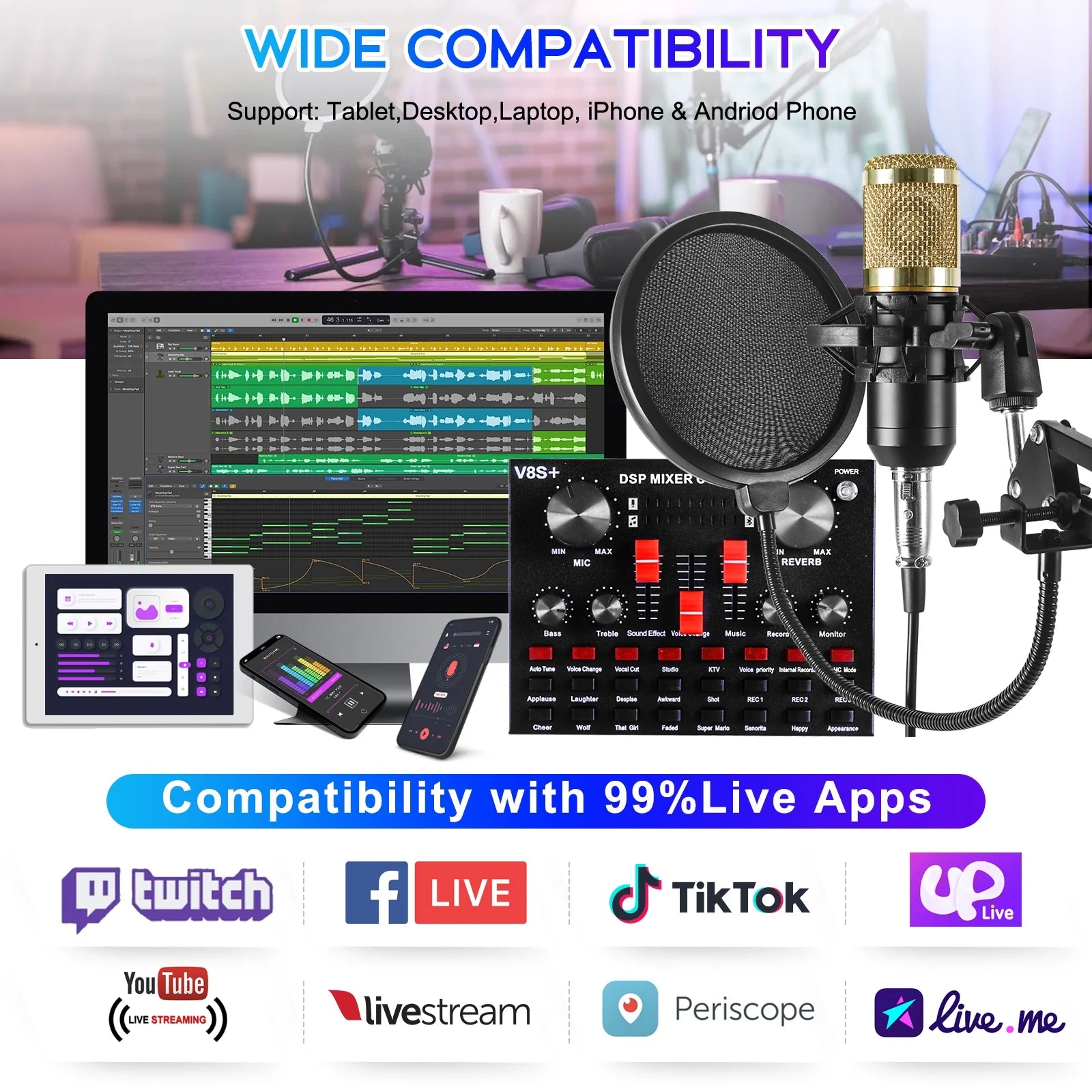 Microphone for Podcast Equipment Bundle and Studio Recording Equipment, USB Microphone, V8S Microphone for Computer, Perfect for Recording Podcasts and Live Streaming, 2 Microphones